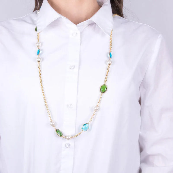 Collana in Metallo con cristalli blu e verdi e perle sintetiche - BYSIMON gioielli