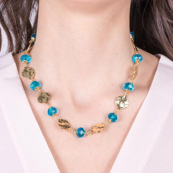 Metal Necklace with Hammered Plates and Blue Crystals