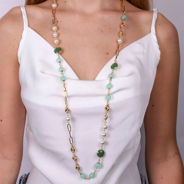 Collana in Metallo con catena e cristalli e perle verdi - BYSIMON gioielli