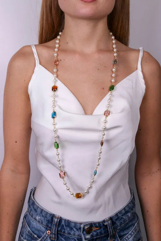 Collana in Metallo con cristalli multicolor e perline bianche - BYSIMON gioielli