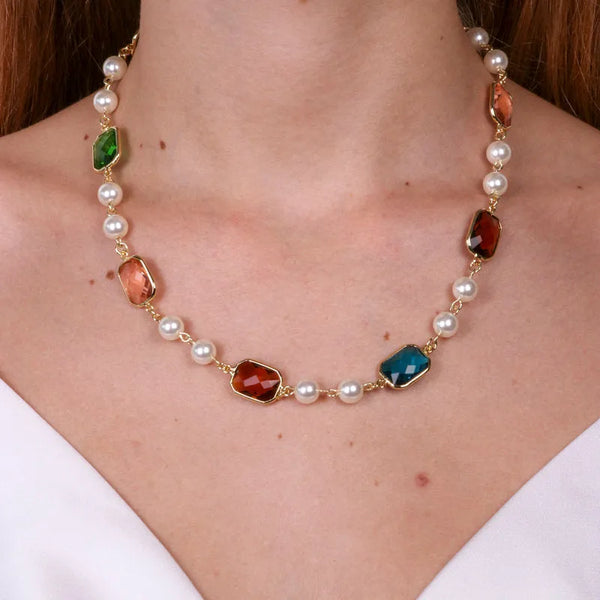 Collana in Metallo con cristalli quadrati e perle - BYSIMON gioielli