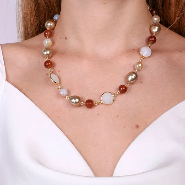 Collana in Metallo con cristallo e perle marroni - BYSIMON gioielli