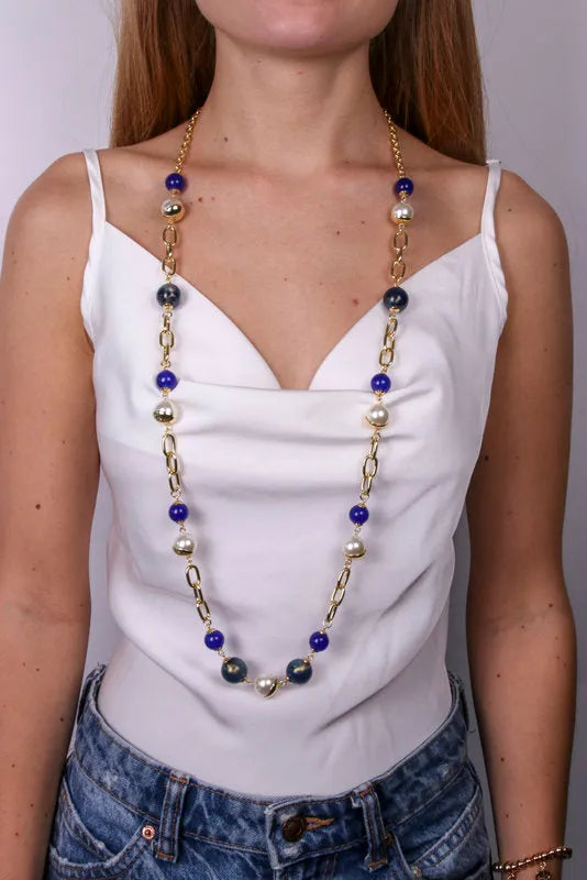 Collana in Metallo con perle nera , bianca e blu - BYSIMON gioielli