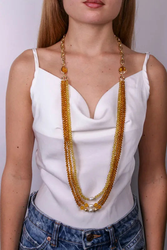Collana in Metallo lunga con perline e perle gialle