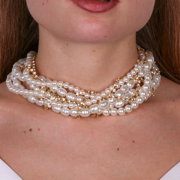 Collana in Metallo multifilo intrecciato con perle e zirconi - BYSIMON gioielli