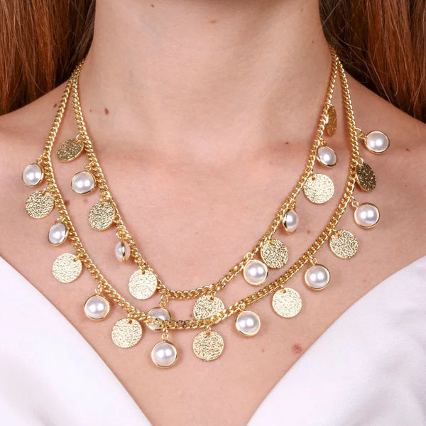 Collana in Metallo con perle e targhe martellate - BYSIMON gioielli