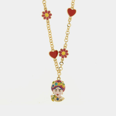 Collana in Metallo con Testa di Moro rosa cuori e fiori - BYSIMON gioielli