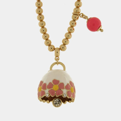Collana in Metallo con campanella bianca e fiori e pietra rosa