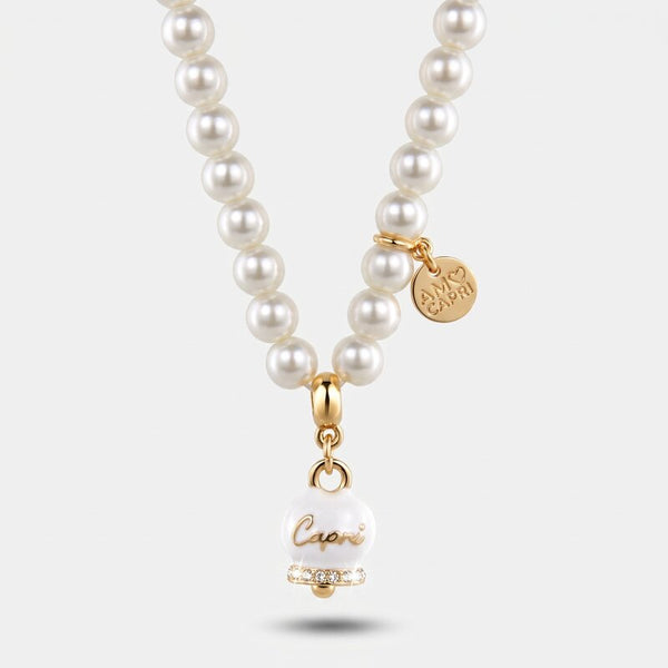 Collana in Metallo con perle e campanella bianca con scritta Capri