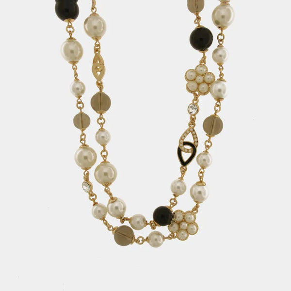 Collana in Metallo doppio filo con perle e fiore a perle bianche