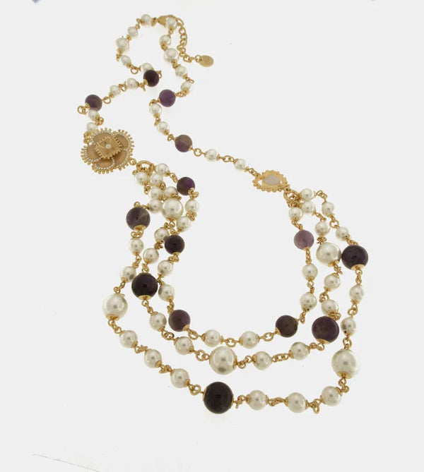 Collana in Metallo multifilo con perle e fiore placcato oro - BYSIMON gioielli