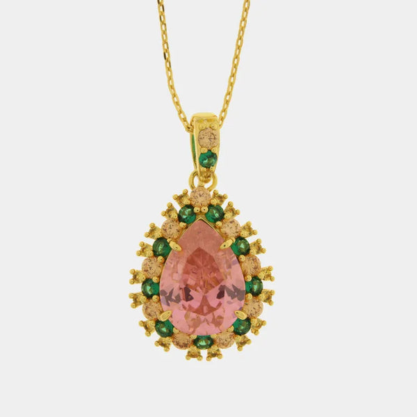 Collana in Metallo goccia rosa con zirconi verdi - BYSIMON gioielli
