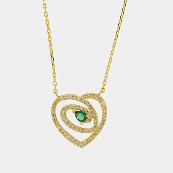 Collana in Metallo cuore intrecciato con punto luce verde - BYSIMON gioielli