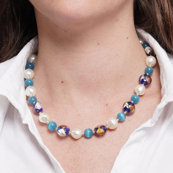 Collana in Metallo giro cristalli art glass e perle - BYSIMON gioielli