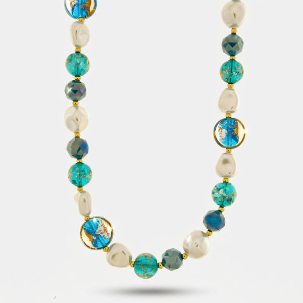 Collana in Metallo pietre verdi art glass e perle - BYSIMON gioielli