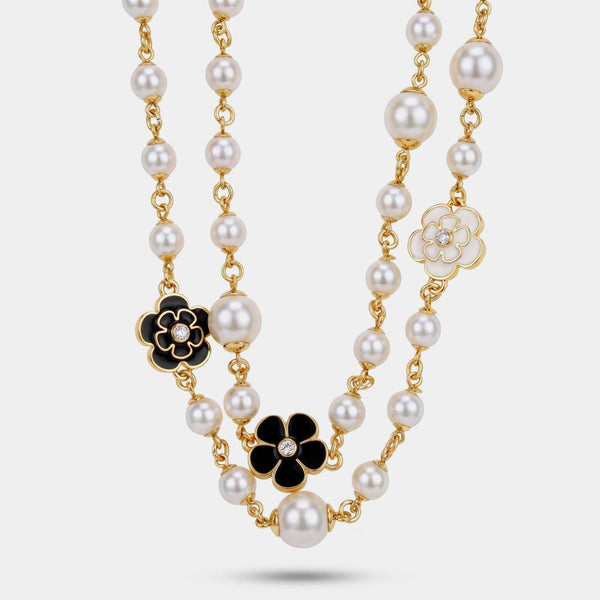 Collana in Metallo multifilo con sfere perlate e fiori smaltati bianchi e neri - BYSIMON gioielli