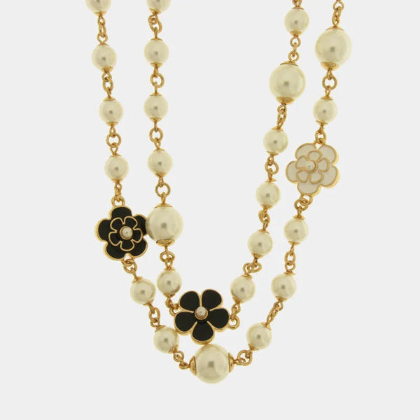 Collana in Metallo multifilo con sfere perlate e fiori smaltati bianchi e neri - BYSIMON gioielli