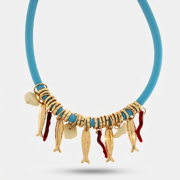 Collana in Metallo con girocollo azzurro e pendenti con simboli marini BYS - gioiello BySimon