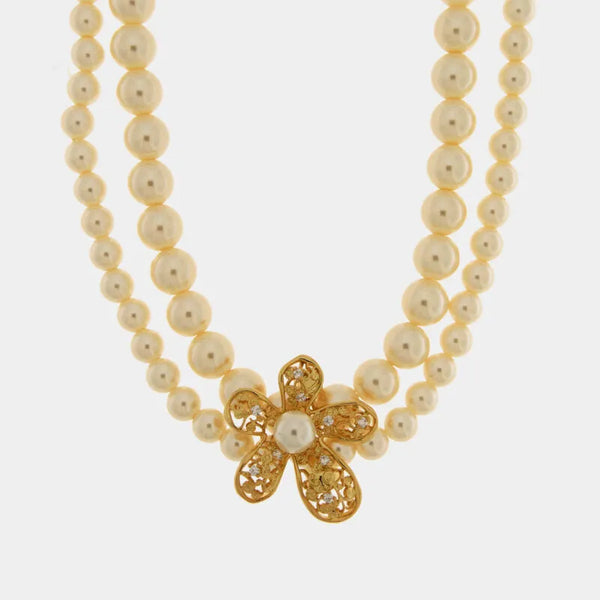 Collana in Metallo donna multifilo con sfere lisce color avorio e pendente floreale con ricami e cristalli luminosi - BYSIMON gioielli
