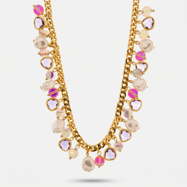 Collana in Metallo catena con cristalli rosa e perle - BYSIMON gioielli