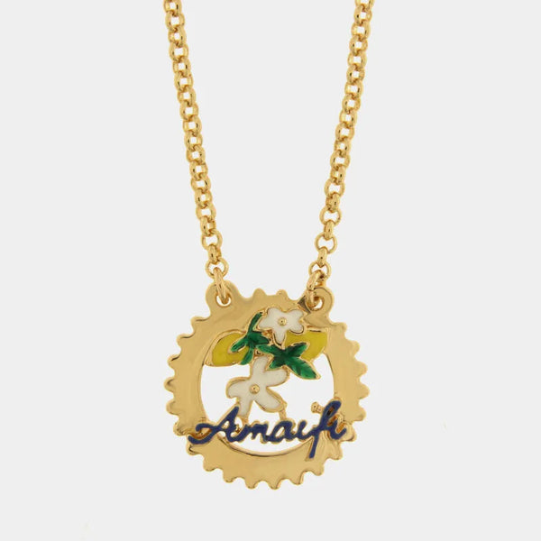 Collana in Metallo con scritta Amalfi, Limoni e Fiori Bianchi - BYSIMON gioielli