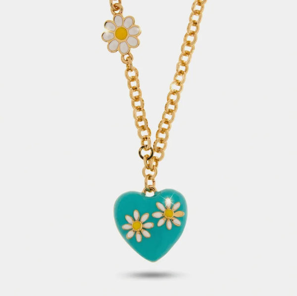 Collana in Metallo catena dorata cuore smaltato turchese margherite bianche Capri