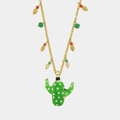 Collana in Metallo con Art Glass Stone ciondolo fico d'india verde e pietre colorate