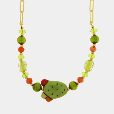 Collana in Metallo con Art Glass Stone fico d'india e pietre bianche e verdi