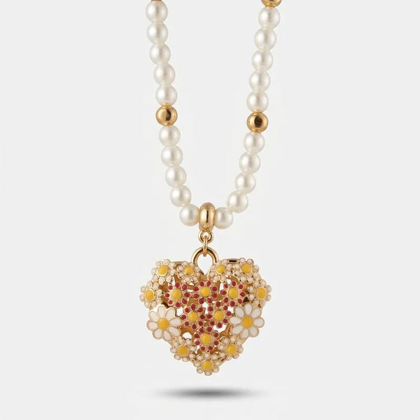 Collana in Metallo perle avorio pendente cuore margherite gialle rosso smalto Capri