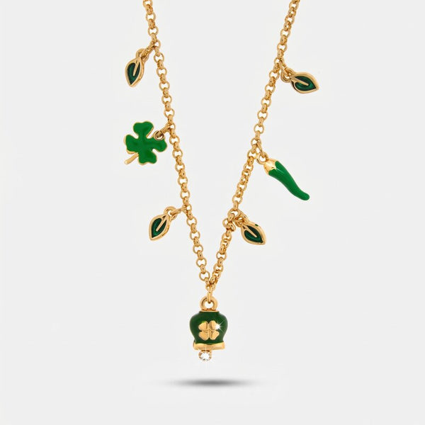 Collana in metallo con corno portafortuna e quadrifoglio | cornetto napoletano | BYSIMON