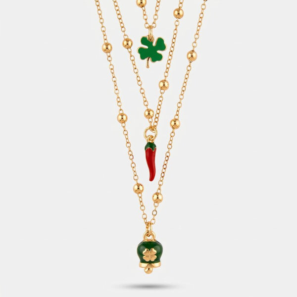 Collana in metallo multifilo con corno portafortuna e quadrifoglio | cornetto napoletano | BYSIMON