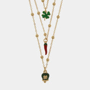 Collana in Metallo multifilo con quadrifoglio, corno e campanella con quadrifoglio portafortuna