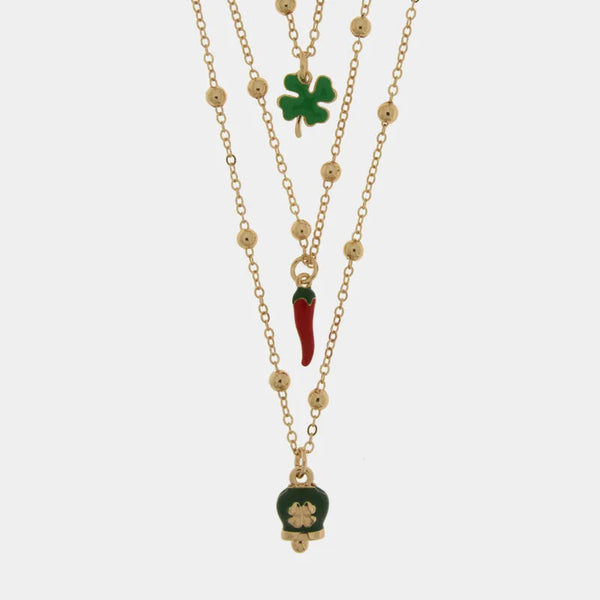 Collana in metallo multifilo con corno portafortuna e quadrifoglio | cornetto napoletano | BYSIMON