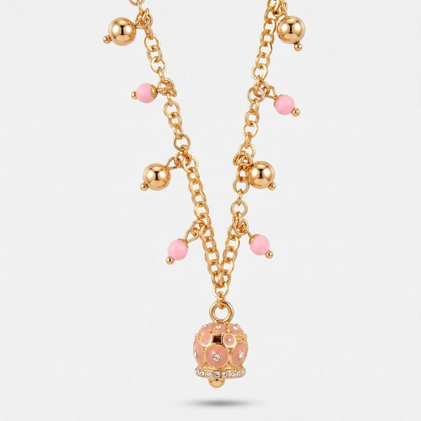 Collana in Metallo con sfere colorate e campanella con cerchi rosa e cristalli in rilievo - BYSIMON gioielli