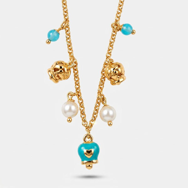 Collana in Metallo con campanella azzurra con cuore, sfere colorate e campanelle con cuori dorate CAPRI - gioiello BySimon