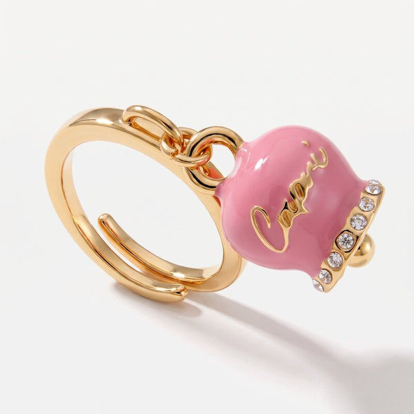 Anello in Metallo con campanella portafortuna pendente impreziosita da smalto rosa e cristalli