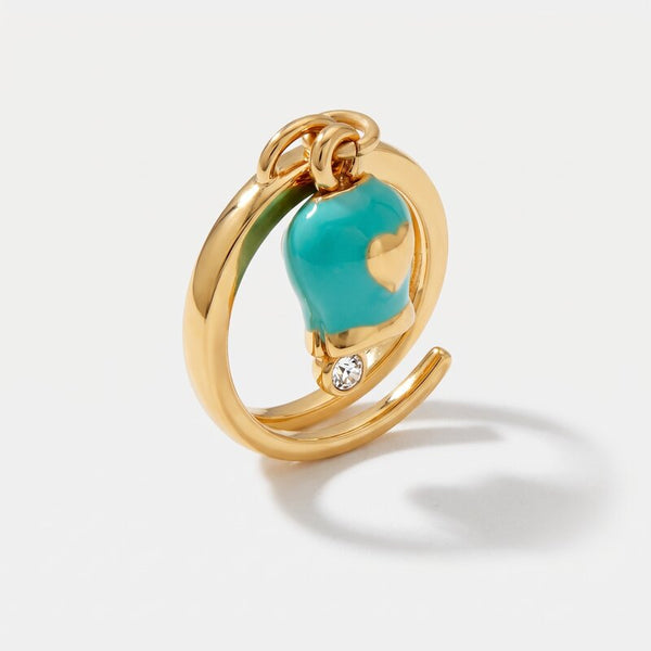 Anello in Metallo con campanella portafortuna in smalto tuchese impreziosita da cuore e punto luce - BYSIMON gioielli