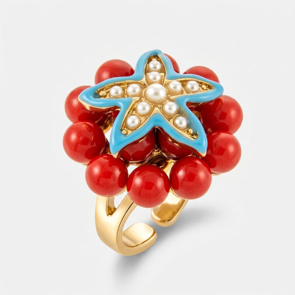 Anello in Metallo con sfere rosse e stella marina turchese - BYSIMON gioielli