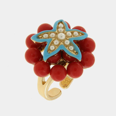 Anello in Metallo con sfere rosse e stella marina turchese - BYSIMON gioielli