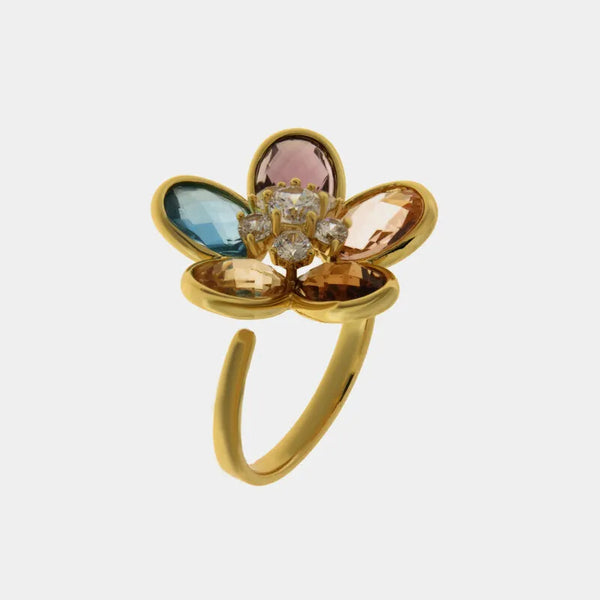 Anello in Metallo donna in metallo a forma di fiore con cristalli oleografici colorati, - BYSIMON gioielli