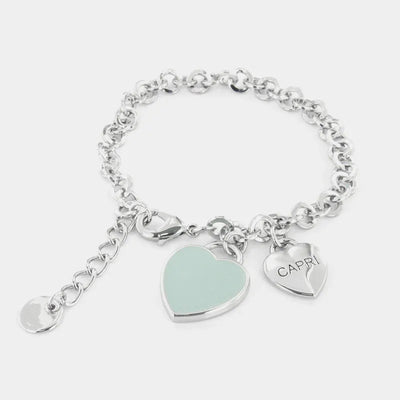 Metal bracelet with green enamel heart pendant