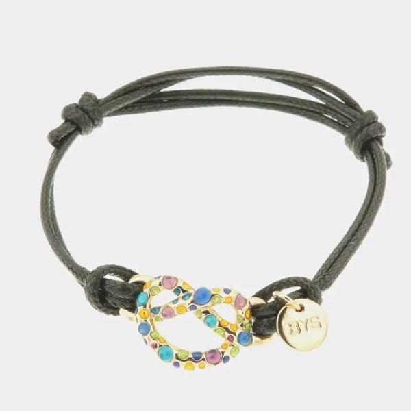 Bracciale in Metallo e caucciù nero placcato oro, con simbolo infinito impreziosito da cristalli multicolore