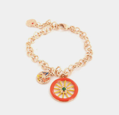 Bracciale in Metallo maglia rolò, con ruota carretto siciliano pendente impreziosita da smalti colorati - BYSIMON gioielli