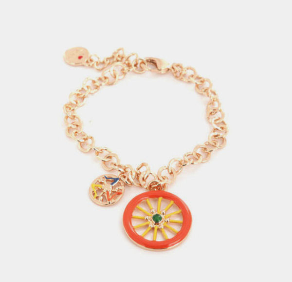 Bracciale in Metallo maglia rolò, con ruota carretto siciliano pendente impreziosita da smalti colorati - BYSIMON gioielli