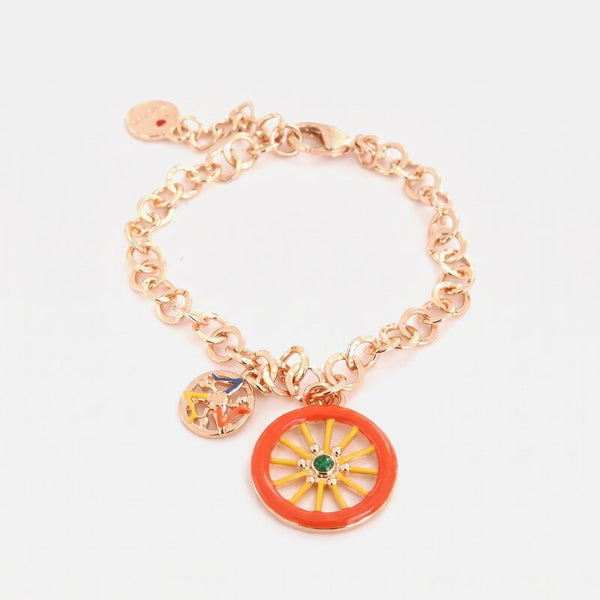 Bracciale in Metallo maglia rolò, con ruota carretto siciliano pendente impreziosita da smalti colorati - BYSIMON gioielli