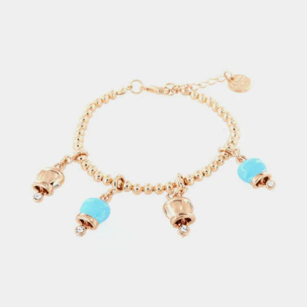 Bracciale in Metallo maglia sfere, con ciondoli campanelle portafortuna, impreziosite da smalto turchese e cristalli - BYSIMON gioielli