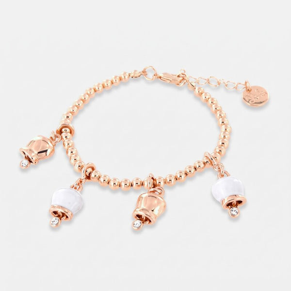 Bracciale in Metallo maglia sfere, con ciondoli campanelle portafortuna, impreziosite da smalto bianco e cristalli - BYSIMON gioielli