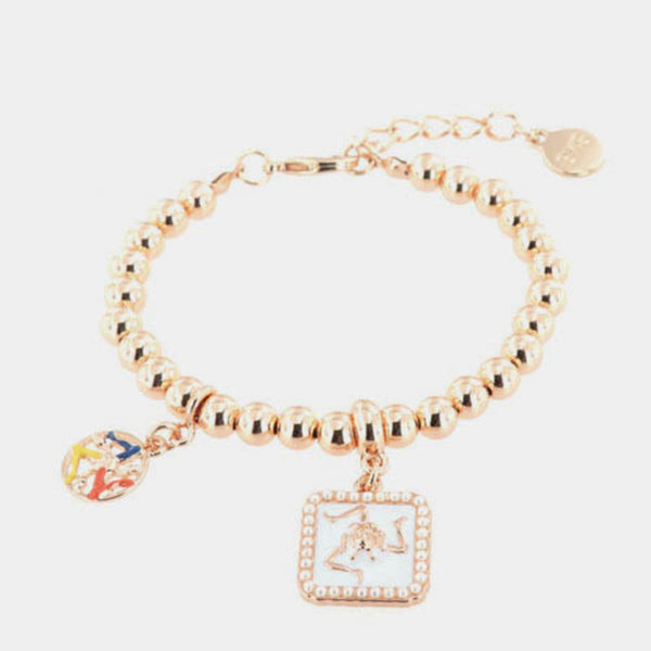 Bracciale in Metallo maglia a sfere con mattonella pendente impreziosita da trinacria siciliana e smalto bianco - BYSIMON gioielli