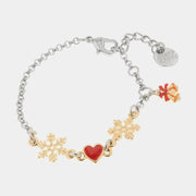 Bracciale in Metallo con fiocco di neve, cuore rosso e campanella portafortuna