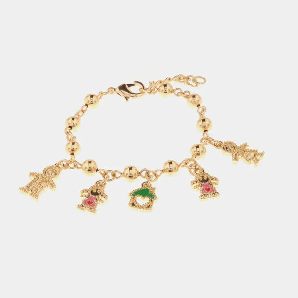 Metal bracelet with pendants in the shape of dad, mom, girl, house, girl embellished with colored enamels